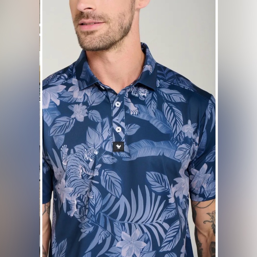 Bad Birdie Men’s Navy Blue Tiger Floral Performance Golf Polo Shirt | XL - Picture 3 of 9